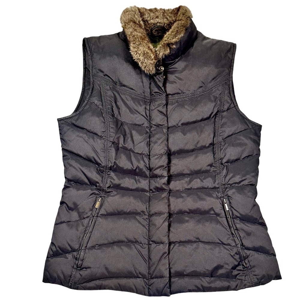 Eddie Bauer Goose Down Puffer Vest Womens S Black Faux Fur Collar Quilted Winter